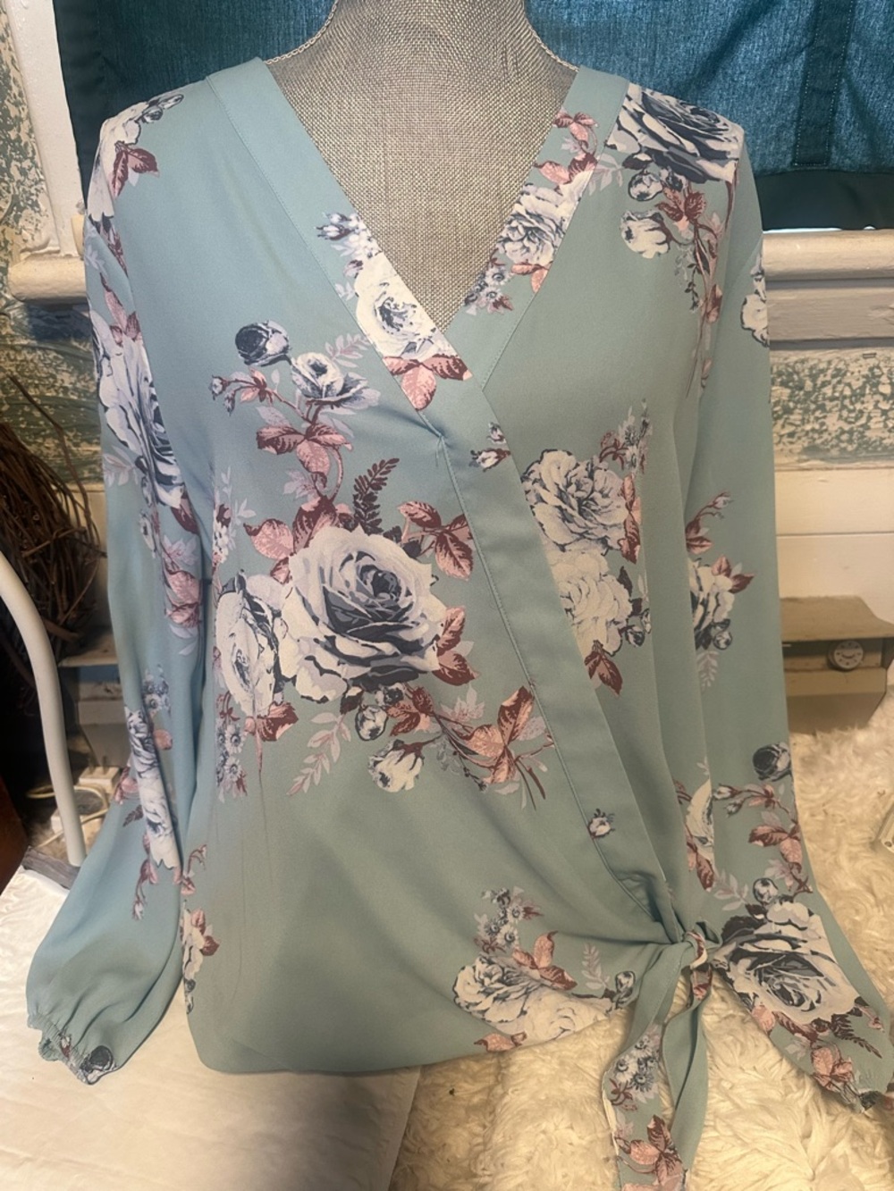 New York & Company Light Blue Floral Wrap Blouse with Tie